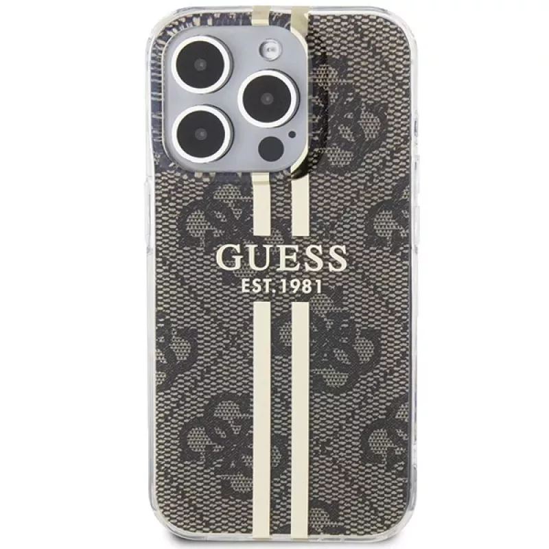 Guess GUHCP15LH4PSEGW iPhone 15 Pro 6,1 inch hardcase IML 4G Gold Stripe bruin