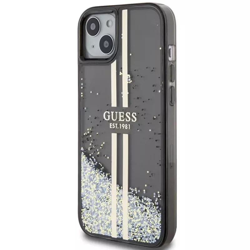 Guess GUHCP15MLFCSEGK Liquid Glitter Gold Stripes hardcase voor iPhone 15 Plus / 14 Plus 6,7 inch - zwart