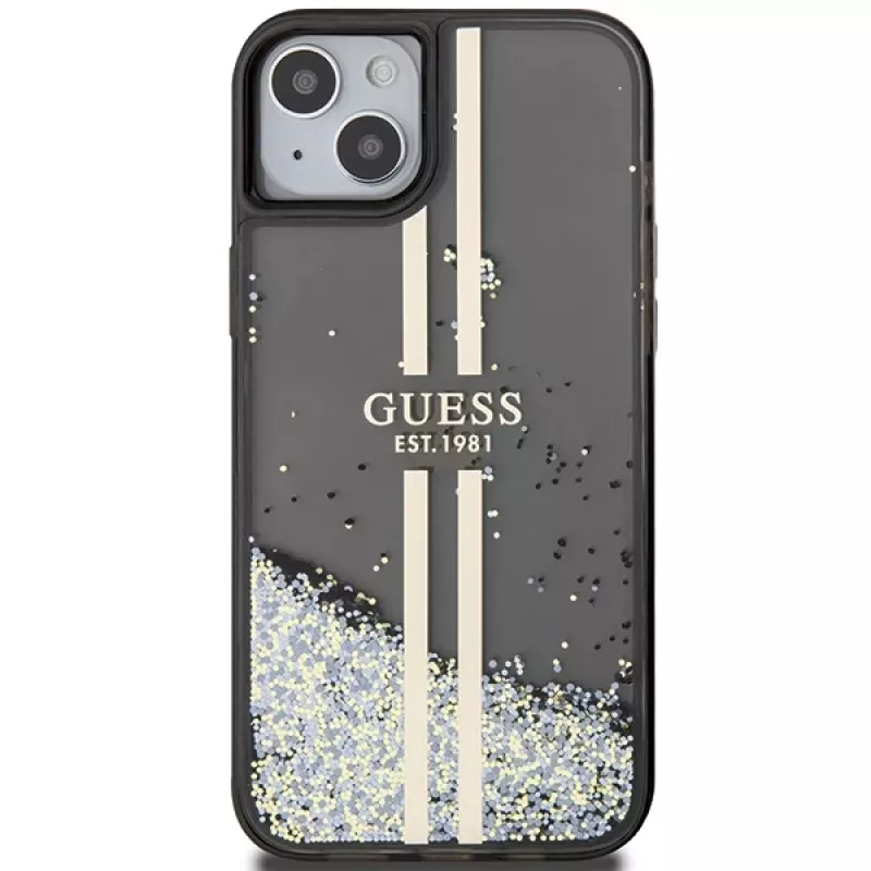 Guess GUHCP15MLFCSEGK Liquid Glitter Gold Stripes hardcase voor iPhone 15 Plus / 14 Plus 6,7 inch - zwart