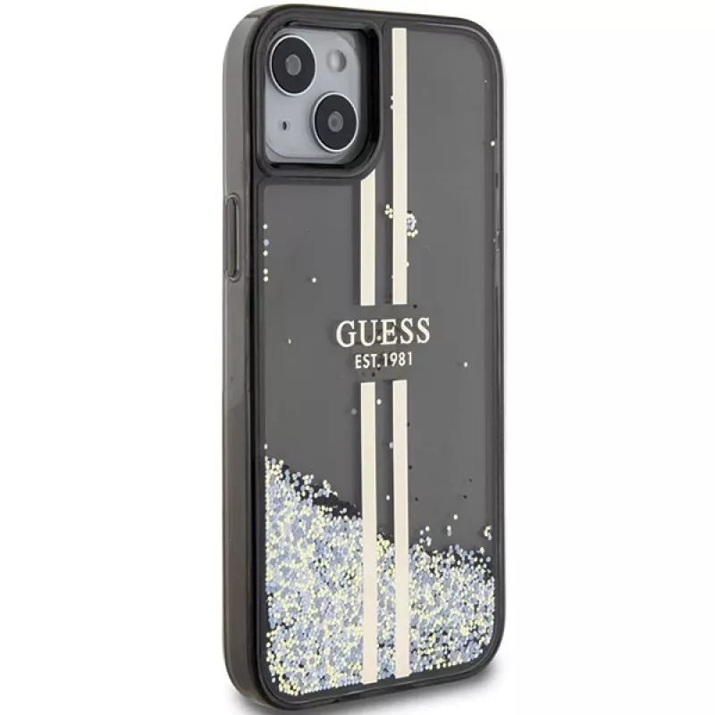 Guess GUHCP15MLFCSEGK Liquid Glitter Gold Stripes hardcase voor iPhone 15 Plus / 14 Plus 6,7 inch - zwart