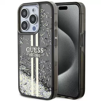 Guess GUHCP15LLFCSEGK iPhone 15 Pro 6.1 hardcase Liquid Glitter Gold Stripes zwart