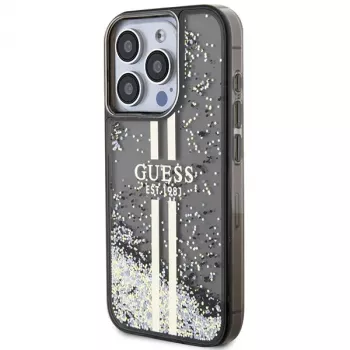 Guess GUHCP15LLFCSEGK iPhone 15 Pro 6.1 hardcase Liquid Glitter Gold Stripes zwart