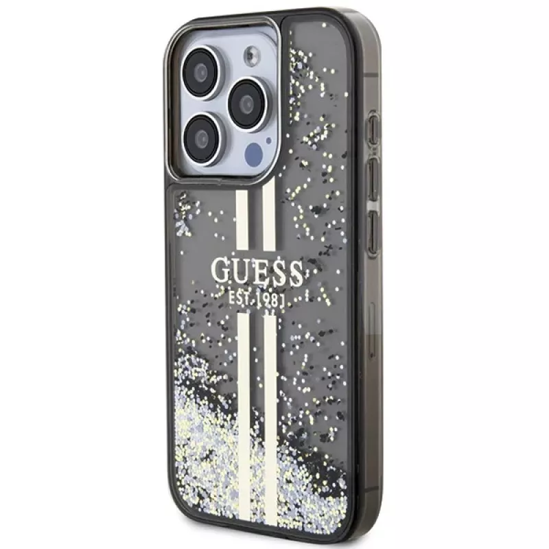 Guess GUHCP15LLFCSEGK iPhone 15 Pro 6.1 hardcase Liquid Glitter Gold Stripes zwart