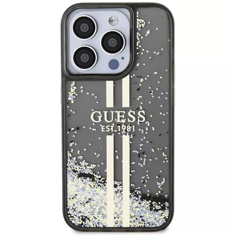 Guess GUHCP15LLFCSEGK iPhone 15 Pro 6.1 hardcase Liquid Glitter Gold Stripes zwart