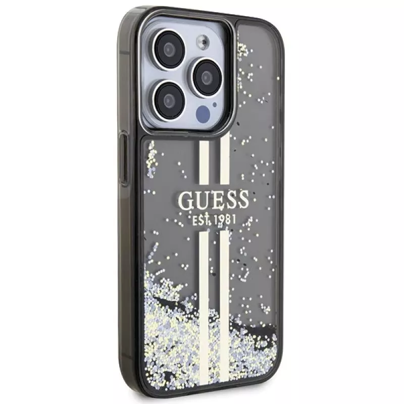 Guess GUHCP15LLFCSEGK iPhone 15 Pro 6.1 hardcase Liquid Glitter Gold Stripes zwart