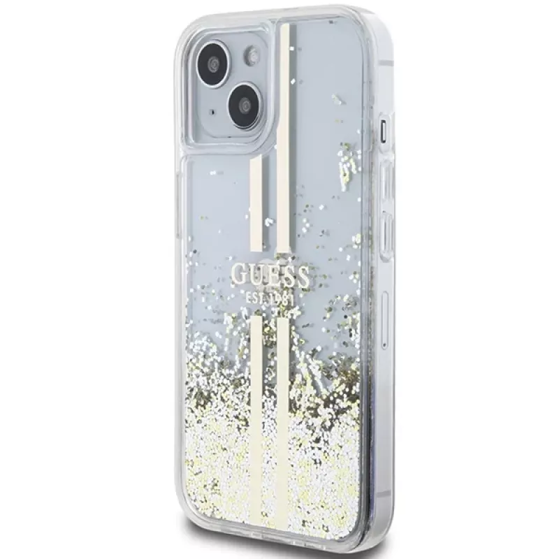 Guess GUHCP15MLFCSEGT iPhone 15 Plus / 14 Plus 6,7 inch transparante hardcase Liquid Glitter Gold Streifen