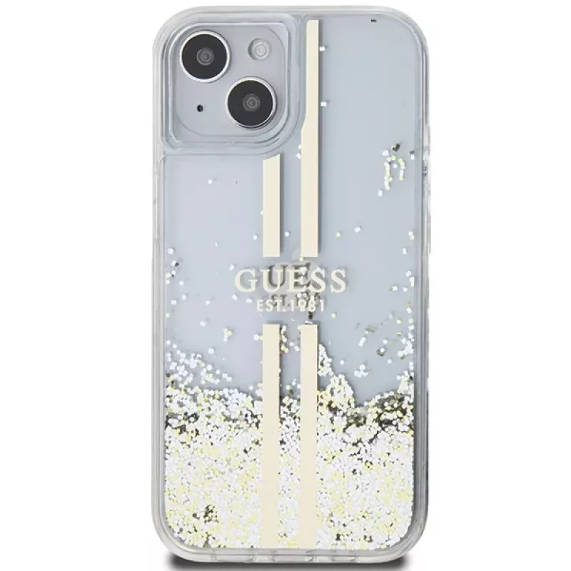 Guess GUHCP15MLFCSEGT iPhone 15 Plus / 14 Plus 6,7 inch transparante hardcase Liquid Glitter Gold Streifen