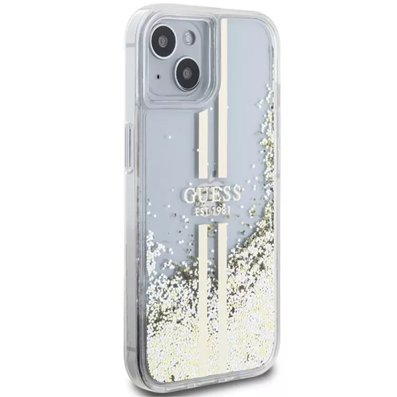 Guess GUHCP15MLFCSEGT iPhone 15 Plus / 14 Plus 6,7 inch transparante hardcase Liquid Glitter Gold Streifen