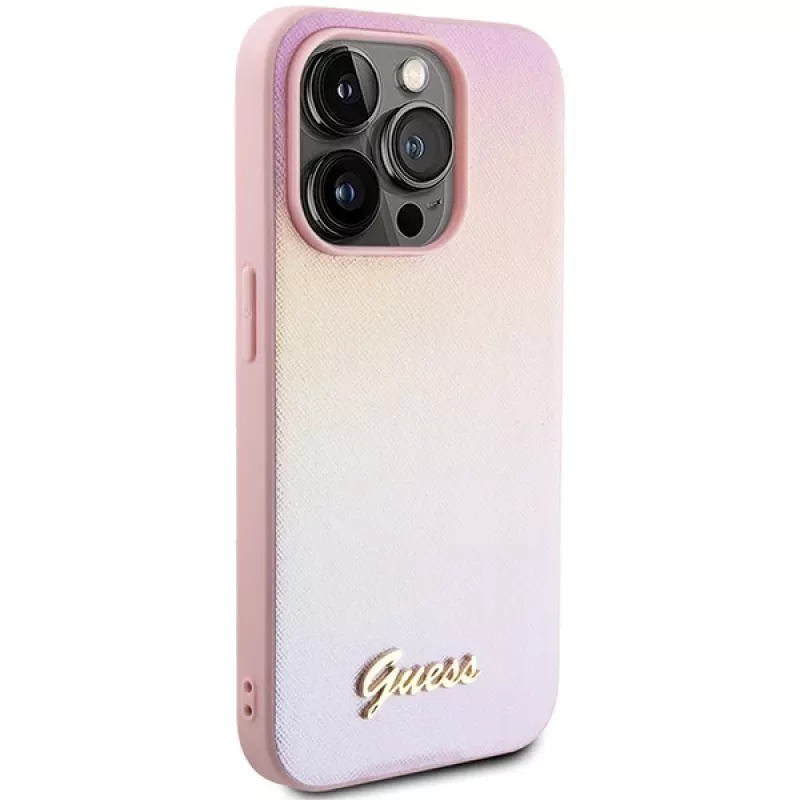 Guess Saffiano Iridescent Script hardcase voor Apple iPhone 14 Pro 6,1 inch - roze