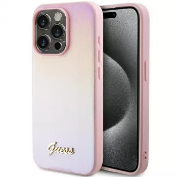 Guess Saffiano Iridescent Script hardcase voor Apple iPhone 15 Pro 6,1 inch - roze