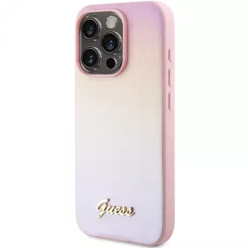 Guess Saffiano Iridescent Script hardcase voor Apple iPhone 15 Pro 6,1 inch - roze
