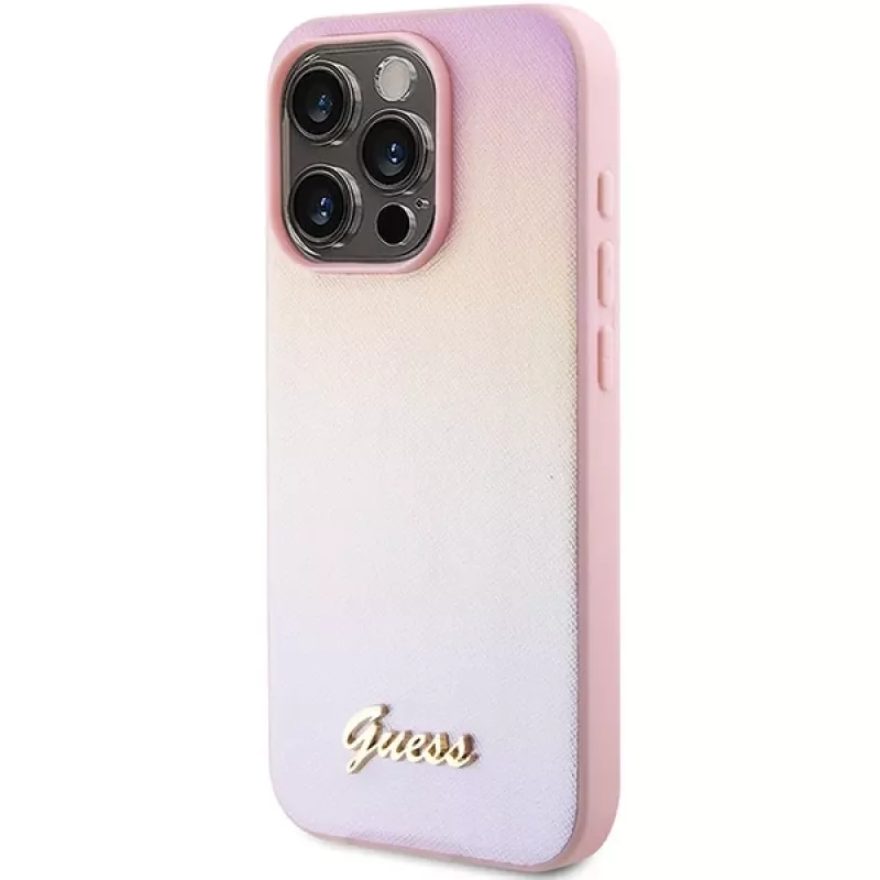 Guess Saffiano Iridescent Script hardcase voor Apple iPhone 15 Pro 6,1 inch - roze