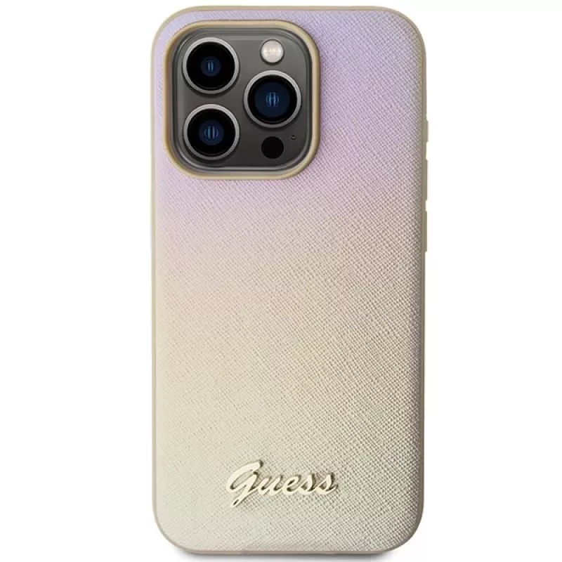 Guess GUHCP14LPSAIRSD iPhone 14 Pro 6,1 inch gouden hardcase Saffiano Iridescent Script