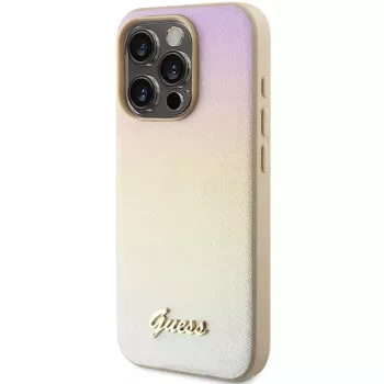 Guess GUHCP15LPSAIRSD Saffiano Iridescent Script hardcase voor Apple iPhone 15 Pro 6,1 inch goud
