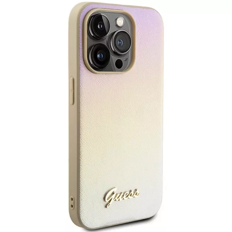 Guess GUHCP15XPSAIRSD Saffiano Iridescent Script hardcase voor iPhone 15 Pro Max, goud
