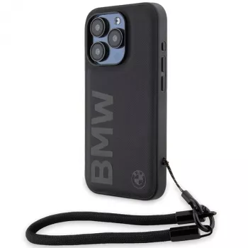 BMW Signature Leather Hard Case voor iPhone 15 Pro Max 6,7 inch zwart met koord