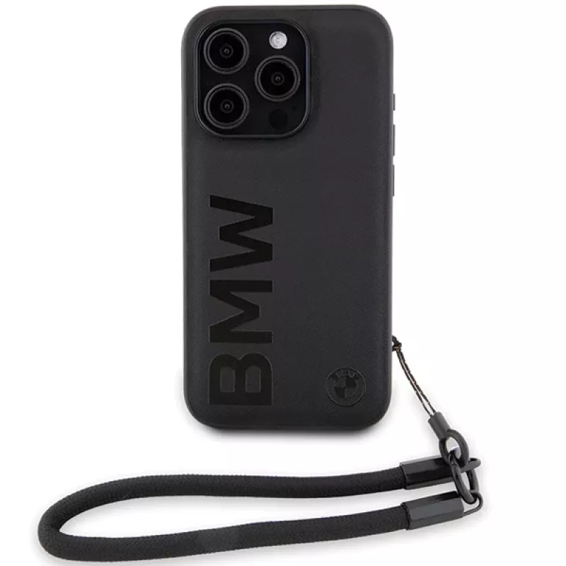 BMW Signature Leather Hard Case voor iPhone 15 Pro Max 6,7 inch zwart met koord