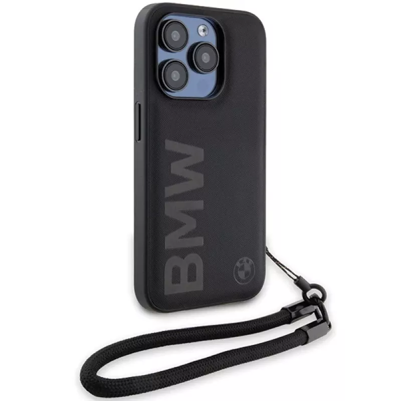 BMW Signature Leather Hard Case voor iPhone 15 Pro Max 6,7 inch zwart met koord