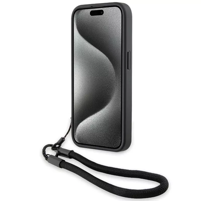 BMW Signature Leather Hard Case voor iPhone 15 Pro Max 6,7 inch zwart met koord