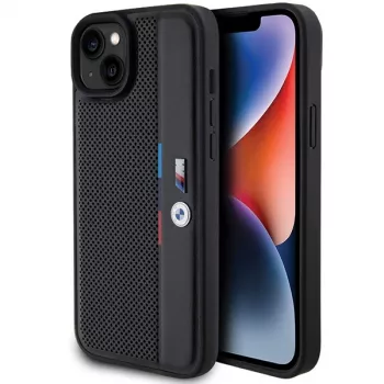 BMW M Collection Hardcase voor iPhone 15 Plus / 14 Plus 6,7 inch zwart geperforeerd Tricolor Line