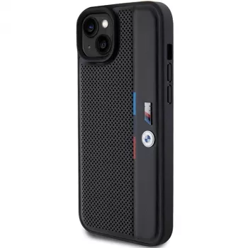 BMW M Collection Hardcase voor iPhone 15 Plus / 14 Plus 6,7 inch zwart geperforeerd Tricolor Line
