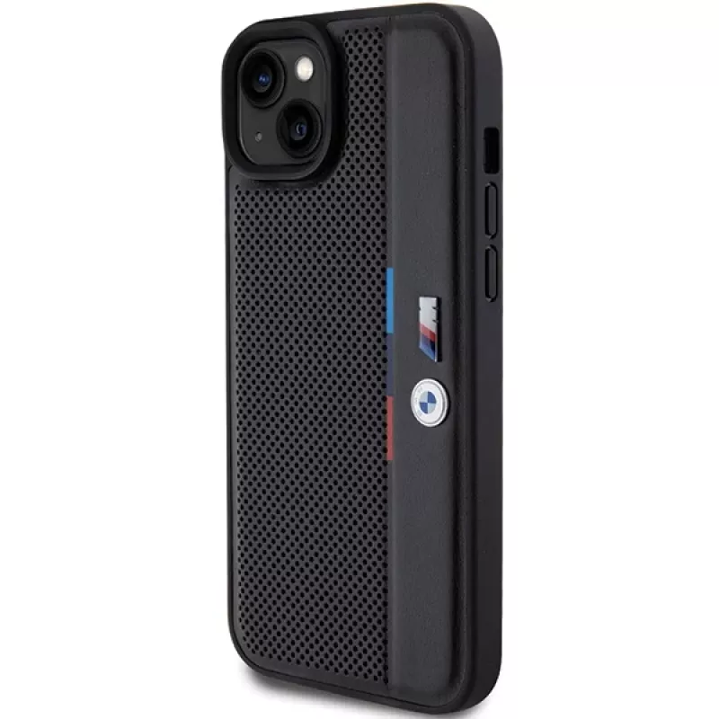BMW M Collection Hardcase voor iPhone 15 Plus / 14 Plus 6,7 inch zwart geperforeerd Tricolor Line