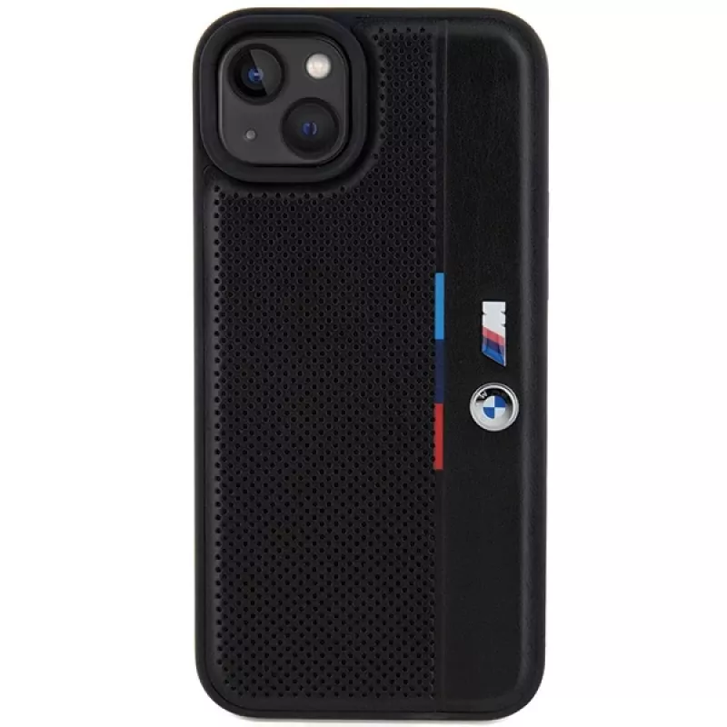 BMW M Collection Hardcase voor iPhone 15 Plus / 14 Plus 6,7 inch zwart geperforeerd Tricolor Line
