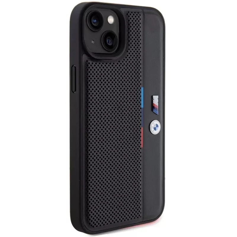 BMW M Collection Hardcase voor iPhone 15 Plus / 14 Plus 6,7 inch zwart geperforeerd Tricolor Line