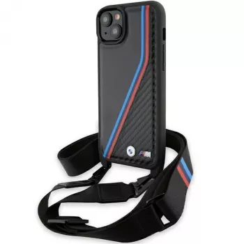 BMW M Edition Carbon Tricolor Lines Hardcase voor iPhone 15 Plus / 14 Plus 6,7 inch zwart met draagband