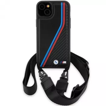 BMW M Edition Carbon Tricolor Lines Hardcase voor iPhone 15 Plus / 14 Plus 6,7 inch zwart met draagband