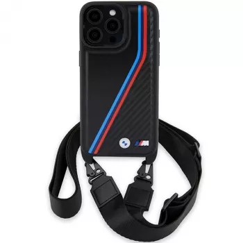 BMW M Edition Carbon Tricolor Lines Hard Case voor Apple iPhone 15 Pro 6,1 inch zwart met draagband