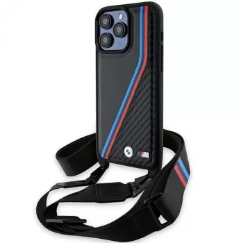 BMW M Edition Carbon Tricolor Lines Hard Case met handlus voor Apple iPhone 15 Pro Max 6,7 inch zwart