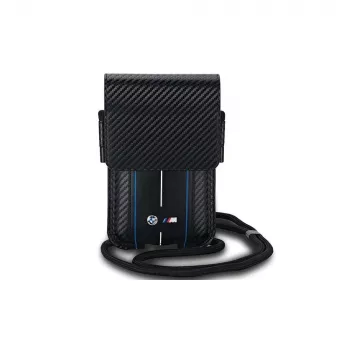BMW Signature Collection portemonnee met schouderband voor iPhone 15 Pro Max - zwart carbon blauwe strepen