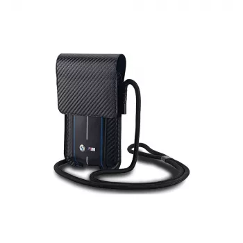 BMW Signature Collection portemonnee met schouderband voor iPhone 15 Pro Max - zwart carbon blauwe strepen