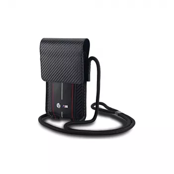 BMW portemonnee met schouderband voor iPhone 15 Pro Max - zwart carbon rode strepen