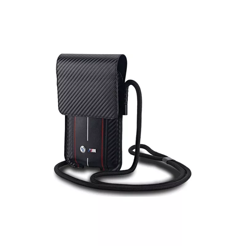 BMW portemonnee met schouderband voor iPhone 15 Pro Max - zwart carbon rode strepen