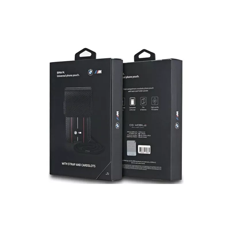 BMW portemonnee met schouderband voor iPhone 15 Pro Max - zwart carbon rode strepen