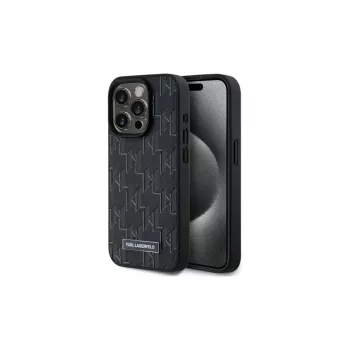 Karl Lagerfeld KLHMP15LPKHPORPK iPhone 15 Pro 6.1 hardcase zwart leer monogram metaal logo MagSafe
