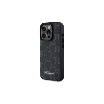 Karl Lagerfeld KLHMP15LPKHPORPK iPhone 15 Pro 6.1 hardcase zwart leer monogram metaal logo MagSafe