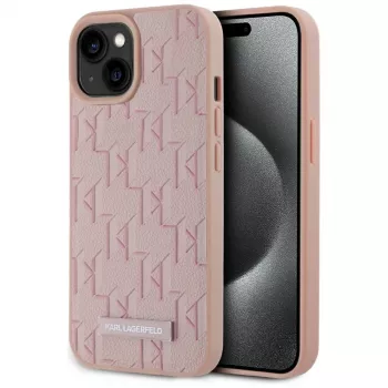 Karl Lagerfeld leer monogram metaal logo MagSafe hoes voor iPhone 15 roze