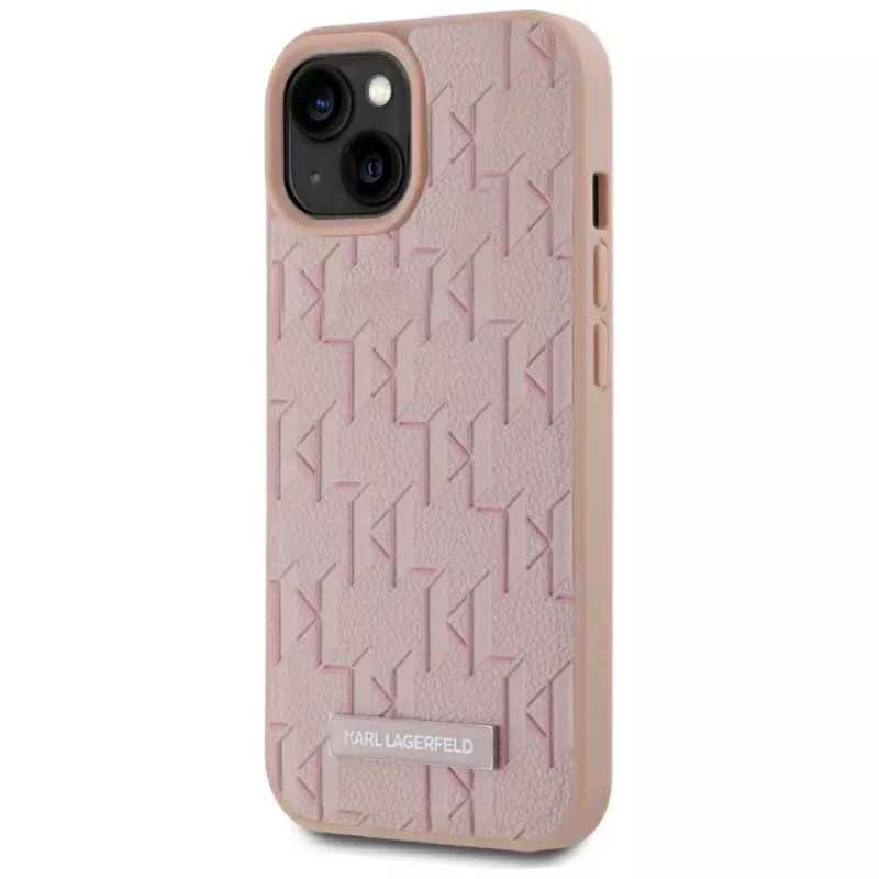 Karl Lagerfeld leer monogram metaal logo MagSafe hoes voor iPhone 15 roze