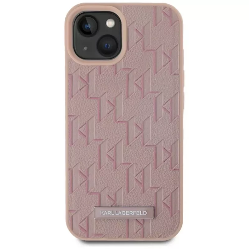 Karl Lagerfeld leer monogram metaal logo MagSafe hoes voor iPhone 15 roze