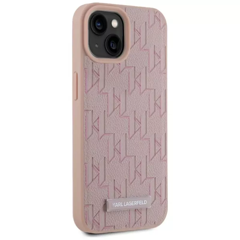 Karl Lagerfeld leer monogram metaal logo MagSafe hoes voor iPhone 15 roze