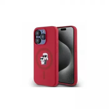 Karl Lagerfeld KLHMP15LSCMKCRHR iPhone 15 Pro 6.1 rode silicone hoes met Karl & Choupette hoofden ring MagSafe