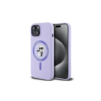 Karl Lagerfeld KLHMP15SSCMKCRHU iPhone 15 6,1 inch paarse silicone hardcase hoes met Karl & Choupette hoofden ring en MagSafe