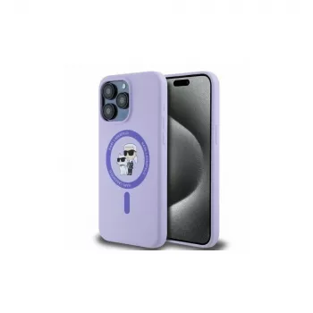 Karl Lagerfeld iPhone 15 Pro Max 6,7 inch lila siliconen hardcase met Karl & Choupette hoofden ring MagSafe
