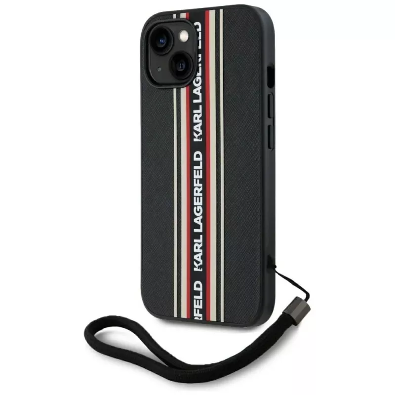 KARL LAGERFELD Saffiano Athleisure Stripes Cord case voor iPhone 15, zwart-rood