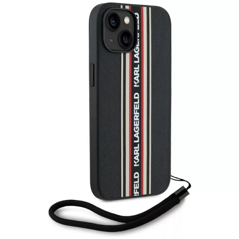 KARL LAGERFELD Saffiano Athleisure Stripes Cord case voor iPhone 15, zwart-rood