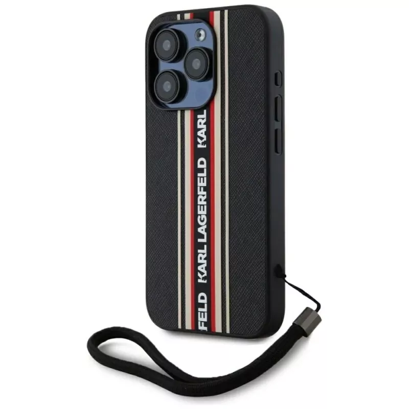 KARL LAGERFELD Saffiano Athleisure Stripes Cord case voor iPhone 15 Pro, zwart/rood