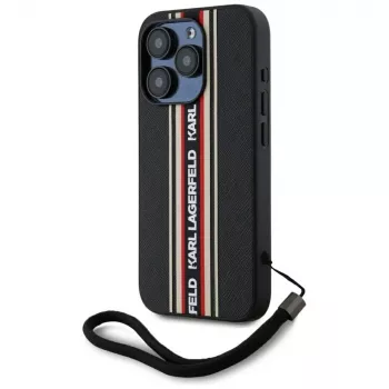 KARL LAGERFELD Saffiano Athleisure Stripes Cord case voor iPhone 15 Pro Max, zwart/rood